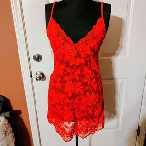 💋🍒💋 Sensual VS Vtg Deadstock 90's Lipstick Cherry Red Lace & Mesh Nighty - M